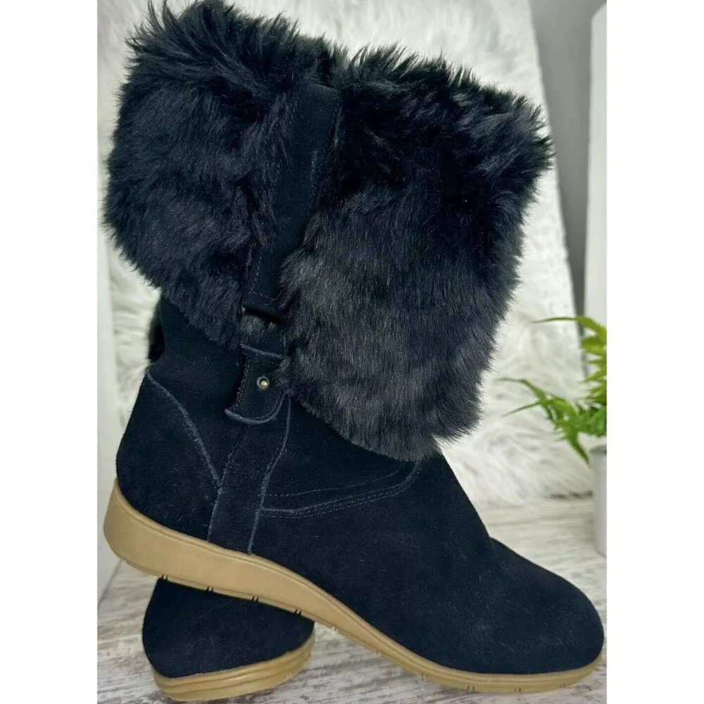 LANDS' END Mendota Snow Boot Women's Size 7.5 Black Suede Faux Fur PullOn 420483